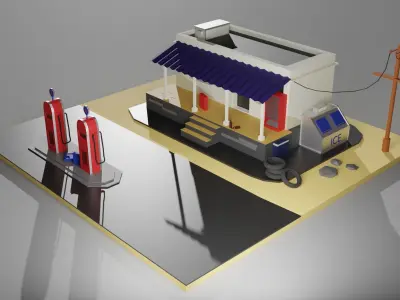 70-s  gas station by the road Low-poly 3D model