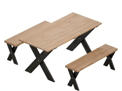 Wooden picnic table with benches 3D model