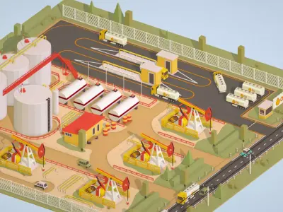 Isometric Oil Field Extracting Crude Big Base Low-poly 3D model