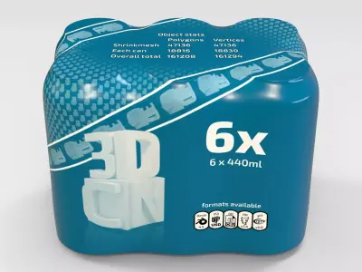 6 Pack 440ml cans in a plastic shrinkwrap 3D model
