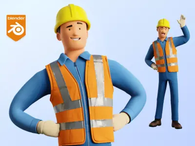 Male Cartoon Worker Builder Character Illustration Low-poly 3D model