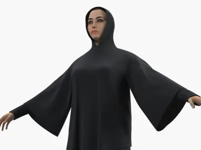  Muslim Woman in Hooded Abaya Black 