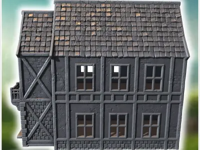 Timber-framed house with a wooden balcony decorative beams and a 3D print model