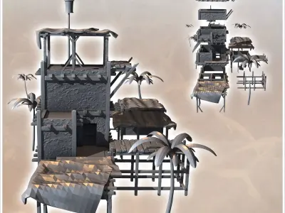 Set of fortified Eastern buildings with palm trees surveillance  3D print model