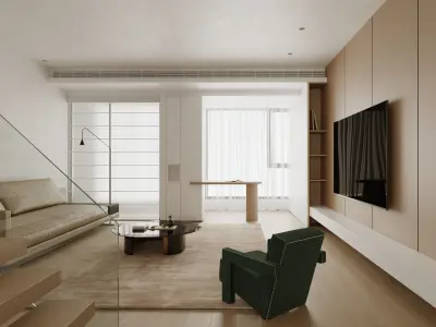 Minimalist Wooden Style Living Room Interior Scene 3D model