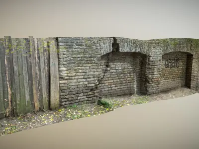 Scanned photorealistic brick and wood crumbling wall  Low-poly 3D model