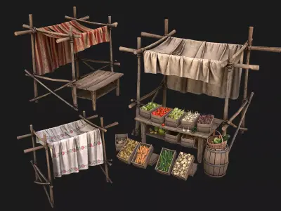 Medieval Market Vegetable Stalls Tent Pack Low-poly 3D model