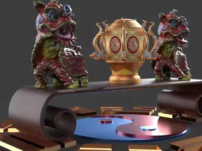Chinese Lion Dance Figure with Ancient Bronze Seismoscope Low-poly 3D model