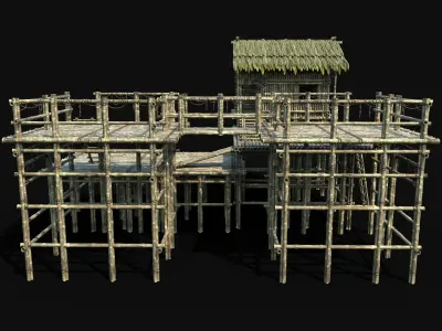 BAMBOO WATCHTOWER FORT SHELTER HOUSE TREE JUNGLE HUT SURVIVAL Low-poly 3D model