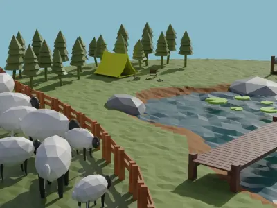 island with bridge and pond 3D model