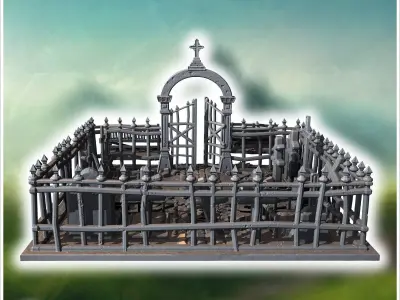 Gothic-style graveyard with spiked fences benches and a detailed 3D print model