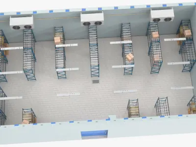  Cold Logistics Zone with Steel Shelves and Blue Wall Door 