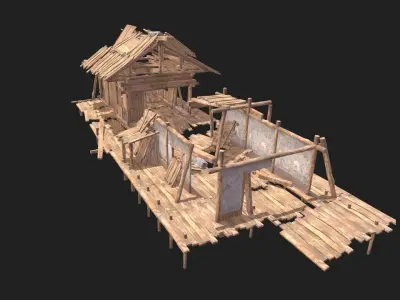 Broken wooden house 01 Low-poly 3D model