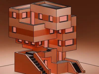 Isometric Low Poly Brutalist House Low-poly 3D model