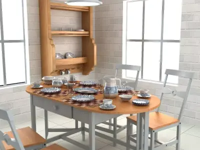 Tableware with Table and Chairs Low-poly 3D model