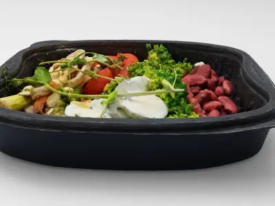 Poke bowl lunch box broccoli arugula quail eggs asparagus beans 3D model