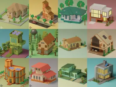 Lowpoly Houses Collection 18 lowpoly Houses 3D Model Pack