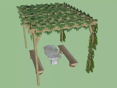 Outdoor Wooden Pergola with Stone Table and Benches  3D Model 3D model