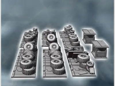 Set of tire barricades with crates and two sheltered shacks 1 -  3D print model