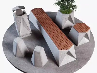 Street set of concrete benches and potted plant Low-poly 3D model
