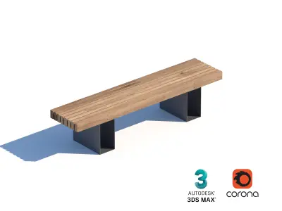 Minimalist Wooden Bench with Metal Base for Outdoor Spaces 3D model