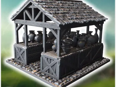 Covered wooden stall with shelves displaying various ceramic pot 3D print model