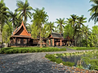 Thaihouse wooden house in middle of tropical forest 3D model