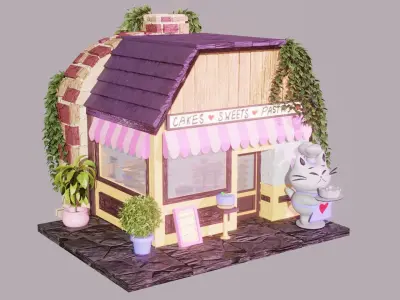 Cake Shop Store Plants Cat Environment Street  3D model