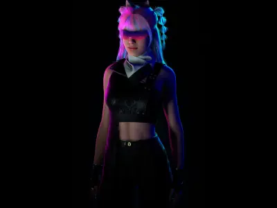 Lunara Neon Punk Female Character with Stylized Hair Low-poly 3D model