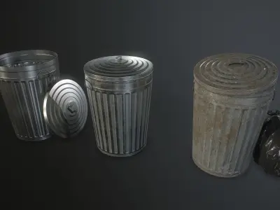 Metal Trash Can with Garbage Bags Low-poly 3D model