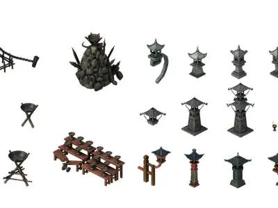 Game Architectural - stone lamp - brazier lamp 3D model