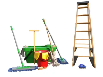 Cleaning Cart With Mop and Buckets Cleaning Products Fur Low-poly 3D model