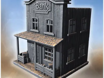 Wooden bank building with double doors fenced porch tiled awning 3D print model