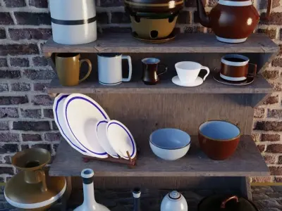 Stoneware dishes and pots on shelf Low-poly 3D model