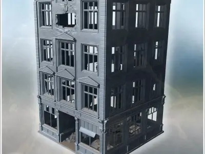 Four-story building with broken windows damaged facade and debri 3D print model