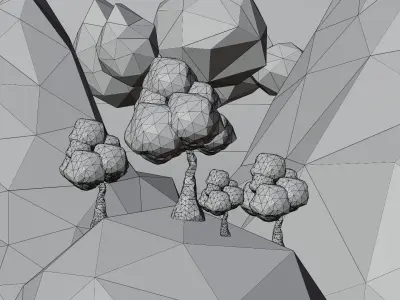 Stylized Low-Poly Mountain Terrain with Trees and Clouds Low-poly 3D model