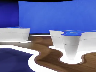 Blue studio with tables and canvas and lighting 3D model