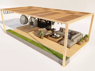 Outdoor Pergola with Fireplace and Lounge Area Low-poly 3D model