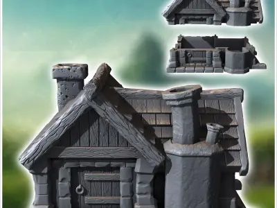 Medieval building with outdoor fireplace two-part roof and woode 3D print model