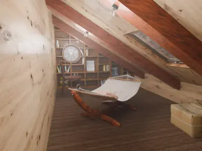The attic room with the large bookshelf 3D model
