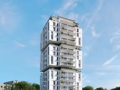 Residential building geometrical facade daytime 3D model