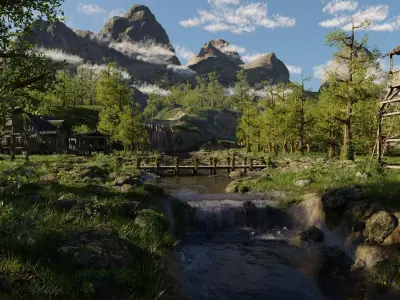 Waterfall Village Scene 3D model