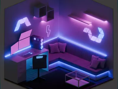 Low Poly Orthographic Gaming Room with RGB lighting Free low-poly 3D model