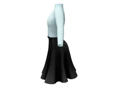 Turtle Neck Over Knee Flaring Skirt Outfit Low-poly 3D model