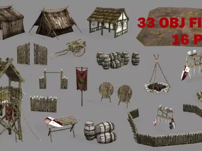 Medieval Top-Down Barbarian Camp Low Poly 3D Model Low-poly 3D model