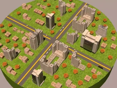 3d game ready city with roads and buildings Low-poly 3D model