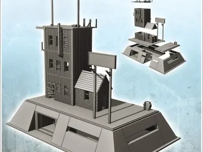 Protective bunker with elevated building panel and antennas 17 - 3D print model