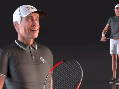  Elderly Tennis Player with Racket and Ball Rigged for Cinema 4D 