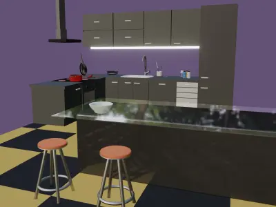 Kitchen 3D model living room with checkered floor Low-poly 3D model