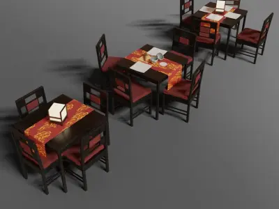 Japanese dining table and chairs 3D model